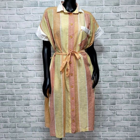 Vintage 80s Rudnik Lightweight Sheer Cotton Orange Striped Shirt Shift Dress - Picture 1 of 7